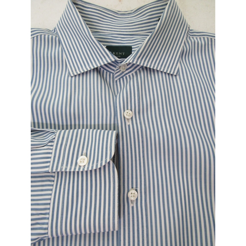 Kent & Curwen Teal Blue Stripe Cotton Spread Collar Dress Shirt Size 16.5